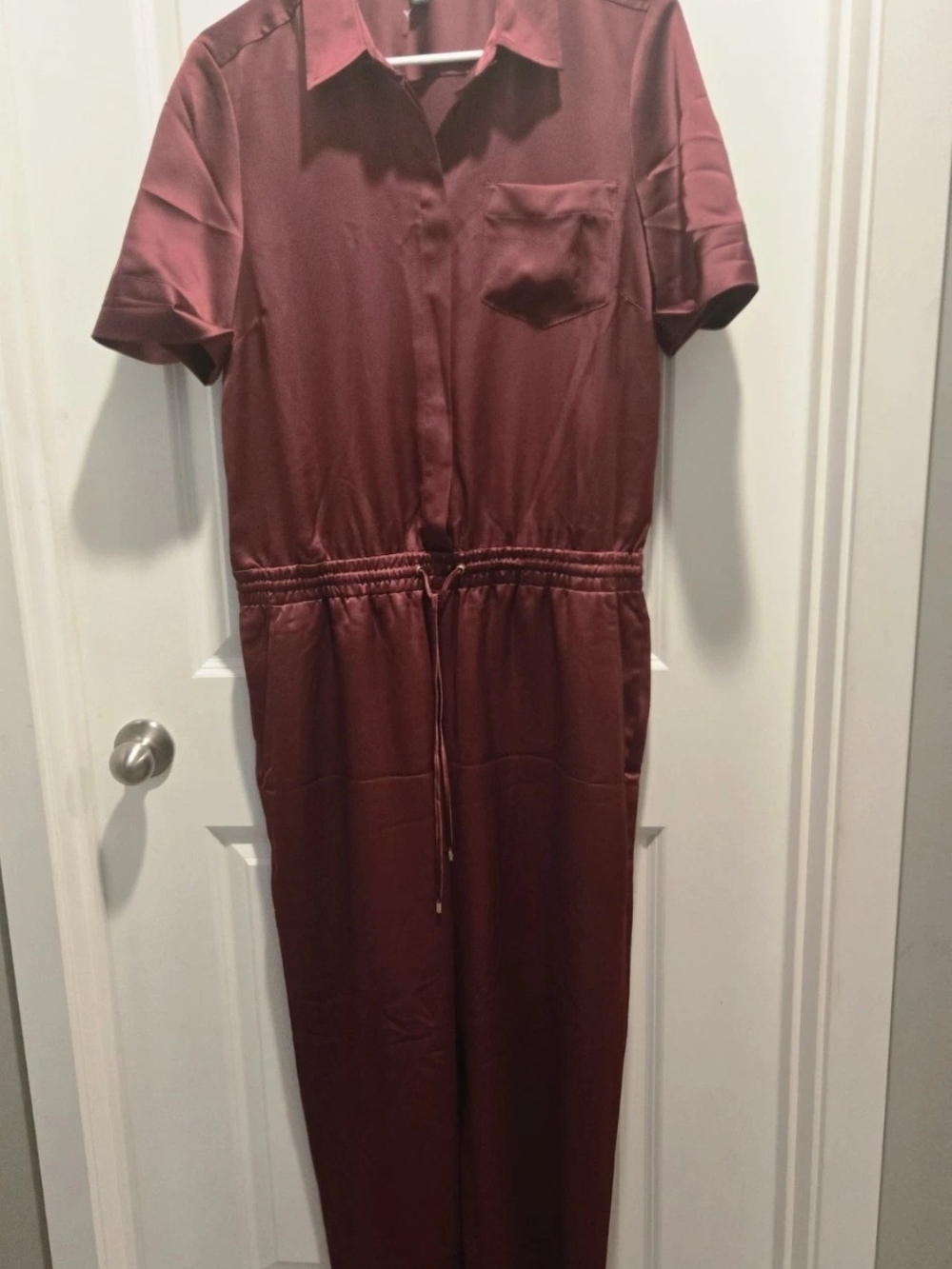 Ralph Lauren Short-Sleeve Drawstring Jumpsuit in Burgundy